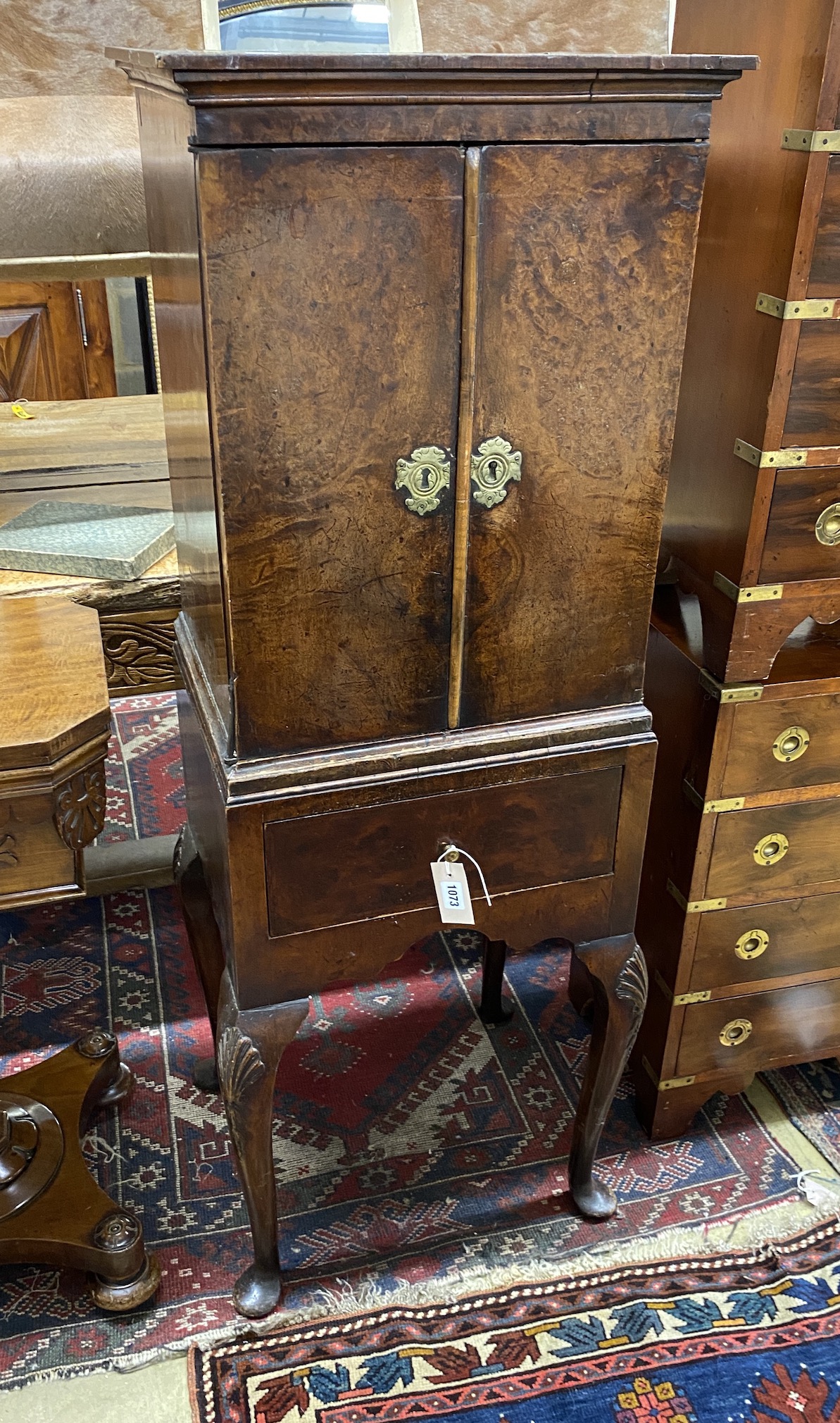 A small Queen Anne style walnut cabinet on stand, incorporating old timber, width 48cm, depth 40cm, height 130cm